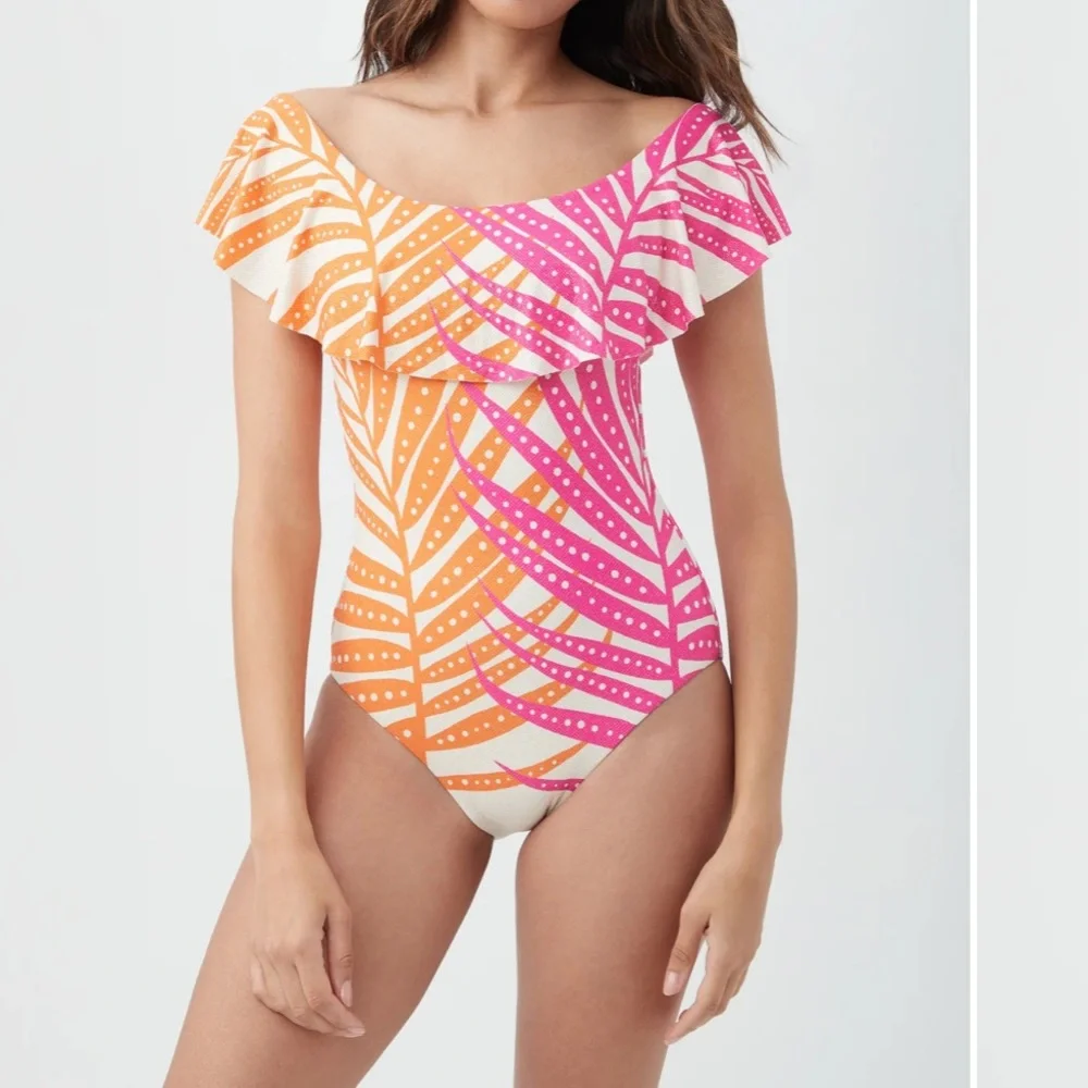 NWT🧡TRINA TURK🩷Tropics Off The Shoulder One Piece Swimsuit- Pink & Orange Ruffle